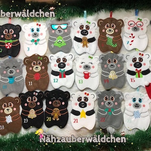 26x digital embroidery file christmas teddy bear advent calendar felt 5x7 in the hoop ith, includes 24 designs + christmas hat