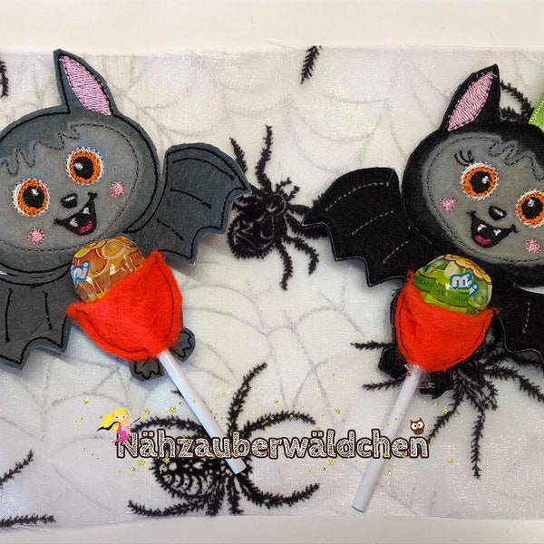 2x bat lollipop holder pendant tag in size 4x4 digital embroidery file in the hoop ith, halloween design