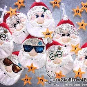 May include: Set of 12 white felt ornaments with embroidered Santa Claus faces. Each ornament has a different expression and features a sparkly red hat. The ornaments are numbered 1 through 12 and are perfect for a Christmas advent calendar.