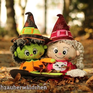 May include: Two plush witch dolls with pointy hats and spiderweb designs. The witch on the left is green with orange and black clothing. The witch on the right is pink with a white cat and a pink and white dress. The dolls are sitting on a bed of autumn leaves.