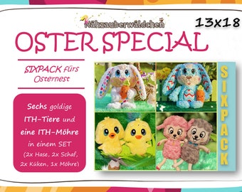 May include: A set of six plush Easter animal toys, including two bunnies, two chicks, and two lambs. The toys are all made in a golden color and are designed to be used as decorations for an Easter nest. The text on the image reads "SIXPACK fürs Osternest" and "Sechs goldige ITH-Tiere und eine ITH-Möhre in einem SET (2x Hase, 2x Schaf, 2x Küken, 1x Möhre)"