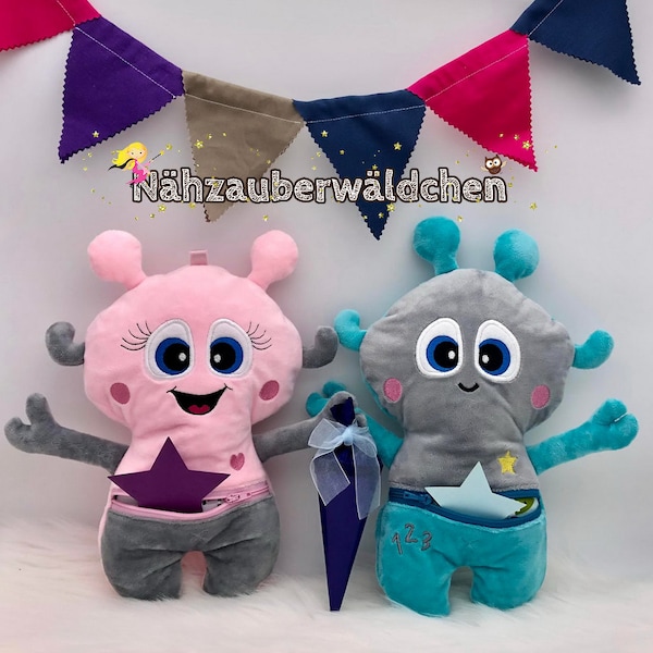 2x borduurbestand ALIEN buitenaardse geheime buddy verdriet eter ITH 24x36 schoolkind in de hoepel stuffie softie digitaal borduurwerk