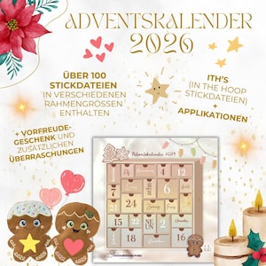 May include: A festive image featuring a 2020 Advent calendar design with gingerbread people, hearts, and stars. The text includes "Advent Calendar 2020" and details about embroidery files and applications. Decorative candles and a poinsettia add to the holiday theme.