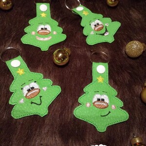 4x digital embroidery file christmas tree hanger pendant key chain fob snap tag tab xmas 4x4" in the hoop ITH, includes 4 designs