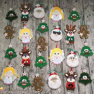May include: A Christmas advent calendar featuring 24 felt ornaments. The ornaments are decorated with a variety of Christmas themes, including Santa Claus, angels, reindeer, and gingerbread men. Each ornament has a number on it, indicating the day of the month.