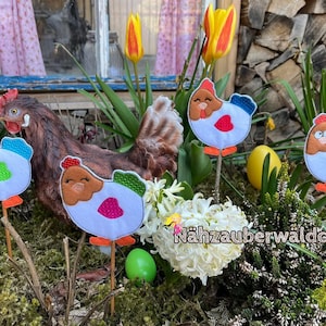 8x chicken rooster plant plug / connector pendant tag in size 4x4&quot; digital embroidery file in the hoop ith easter design