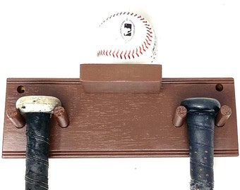 Baseball Bat Rack Display Holder Wall Mount Full Size 2 Bats 1 Ball Brown