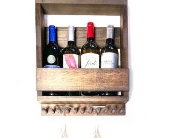 Distressed 4 Bottle Wine and Wine Glass Rack Wall Mount Decor