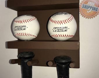 Baseball Bat Rack Display Holder Wall Mount Brown 3 Full Size Bats 4 Baseballs