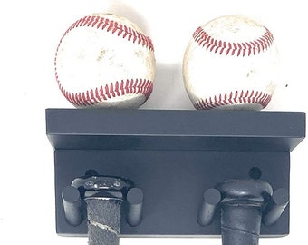 Baseball Bat Rack Display Holder Rack Wood Black 3 Full Size Standard bats 2 Baseballs Wall Mount