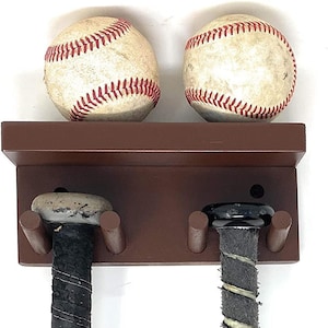 Baseball Bat Rack Display Holder Rack meant to Hold 3 Full Size Standrad Bats and 2 Baseballs Wood Wall Mount Awards Metals Trophies