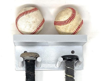 Baseball Bat Display Holder Rack Wood Silver 3 Full Size Standard Bats and 2 Baseballs Wall Mount Metal Awards Trophies