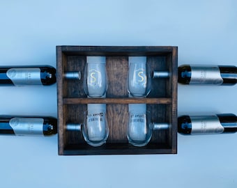 Distressed Wood 4 Bottle Wine and Wine Glass Rack Wall Mount Decor