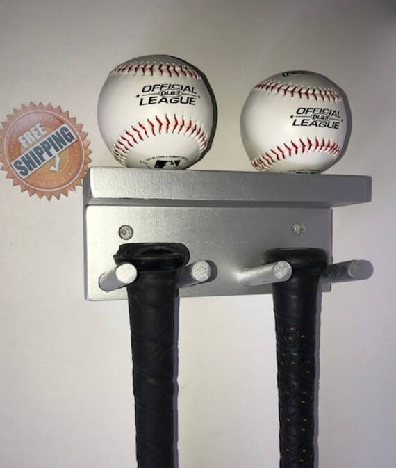 Baseball Bat Display Holder Rack Wood Silver 3 Full Size Standard Bats And 2 Base Wall Mount