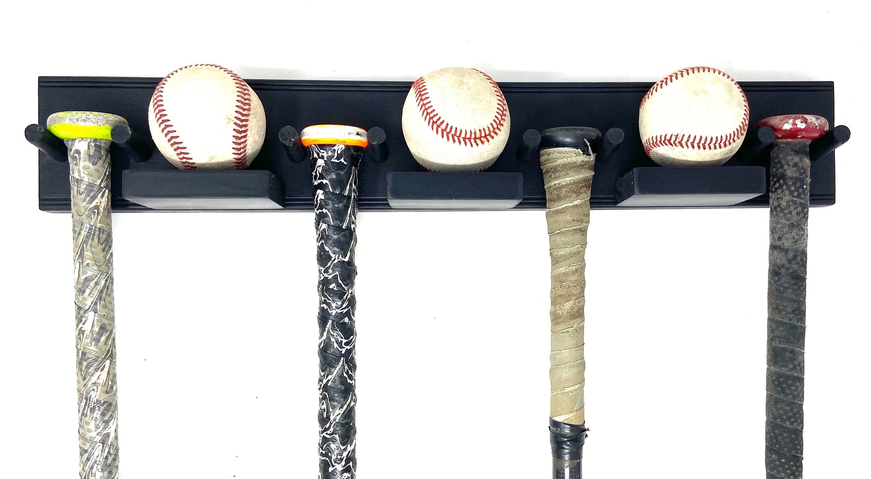 Baseball Bat Rack Display Holder Wall Mount Brown 3 Bats 4 Balls 