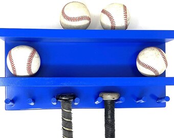 Baseball Bat Rack Display Holder Wall Mount Wood Blue 7 Bats 8 Balls Metals Awards Trophies