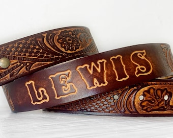 Engraved Leather Belt Personalized with Name Tooled - Father’s Day Gift Mens Western Tooled Belt - Custom Leather Belts
