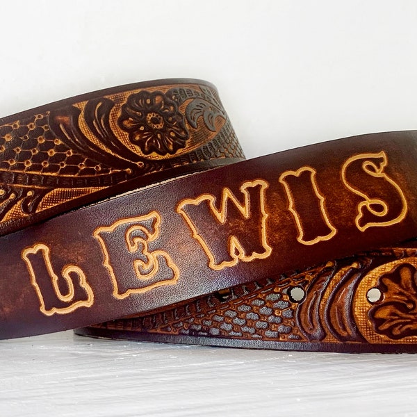 Engraved Leather Belt Personalized with Name Tooled - Father’s Day Gift Mens Western Tooled Belt - Custom Leather Belts