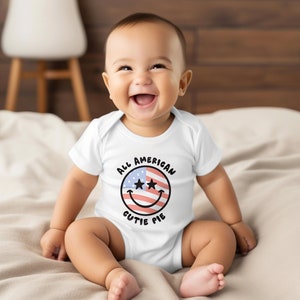 All American Cutie Pie 4th of July Baby Outfit for Boy or Girl Retro Smiley Face Stars and Stripes Infant Graphic Bodysuit