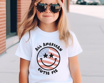 All American Cutie Pie Kids 4th of July Shirt for Toddler Boy or Girl Retro Smiley Face Stars & Stripes Shirt