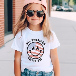All American Cutie Pie Kids 4th of July Shirt for Toddler Boy or Girl Retro Smiley Face Stars & Stripes Shirt