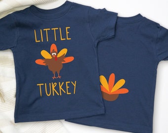 Little Turkey Butt Kids Thanksgiving Shirt for Toddler Boy Turkey Tail Feathers Double-Sided Graphic Tee