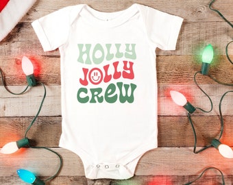 Holly Jolly Crew Christmas Baby Outfit for Boy or Girl Retro Smiley Face Shirt