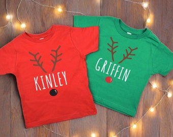 Toddler Christmas Shirt, Reindeer Face Custom Name Kids T-Shirt, Personalized Christmas Gift for Boy or Girl