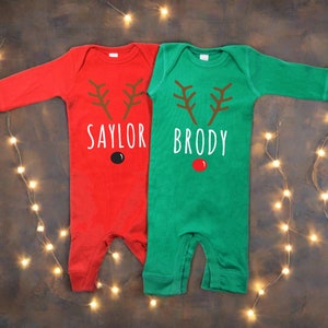 Reindeer Christmas Baby Outfit for Boy or Girl Custom Name Reindeer Face Baby Romper