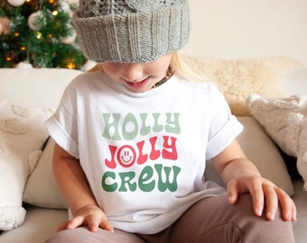 Holly Jolly Crew Toddler Christmas Shirt for Boy or Girl Retro Smiley Face T-Shirt