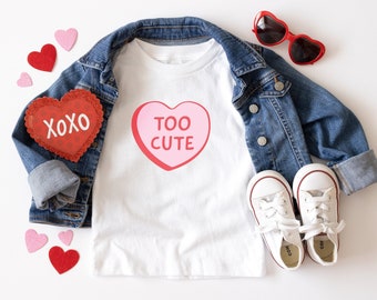 Too Cute Kids Valentines Day Shirt for Toddler Boy or Girl Valentine Candy Heart Tee