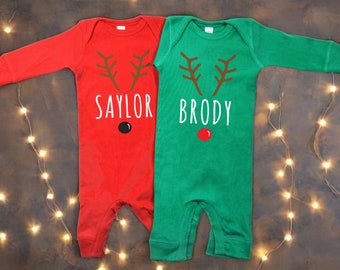 Reindeer Christmas Baby Outfit for Boy or Girl Custom Name Reindeer Face Baby Romper