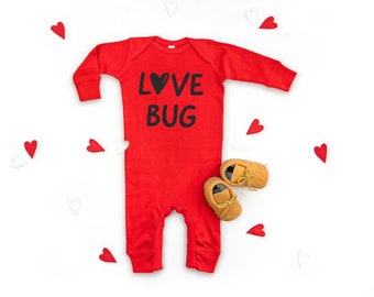 Love Bug Baby Valentines Day Outfit for Baby Boy or Girl Long Sleeve Red Infant Romper
