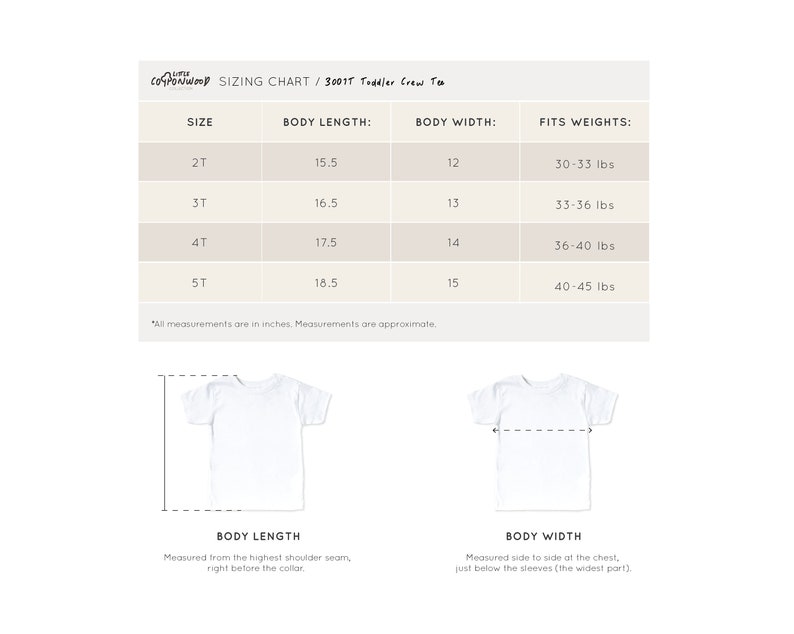 Sizing chart for unisex toddler crew neck tee 3001T Bella Canvas