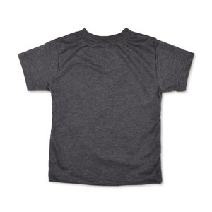 Back view of short sleeve heather dark grey toddler crew neck tee laying flat on white background