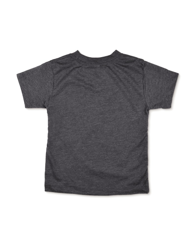 Back view of short sleeve heather dark grey toddler crew neck tee laying flat on white background