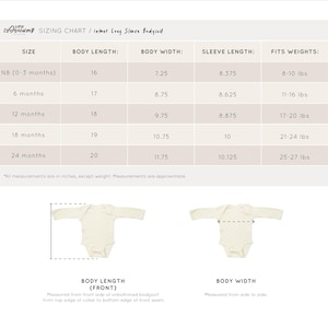 K&ouml;nnte beinhalten: Gr&ouml;&szlig;entabelle f&uuml;r Baby-Bodys mit langen &Auml;rmeln. Die Tabelle zeigt Gr&ouml;&szlig;en von Neugeborenen bis 24 Monate mit entsprechenden K&ouml;rperl&auml;nge, K&ouml;rperbreite, &Auml;rmell&auml;nge und Gewichts Empfehlungen in Zoll und Pfund.