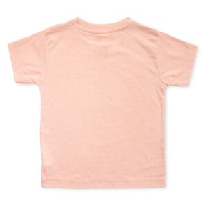 Back view of short sleeve heather peach unisex toddler crew neck tshirt laying flat on white background