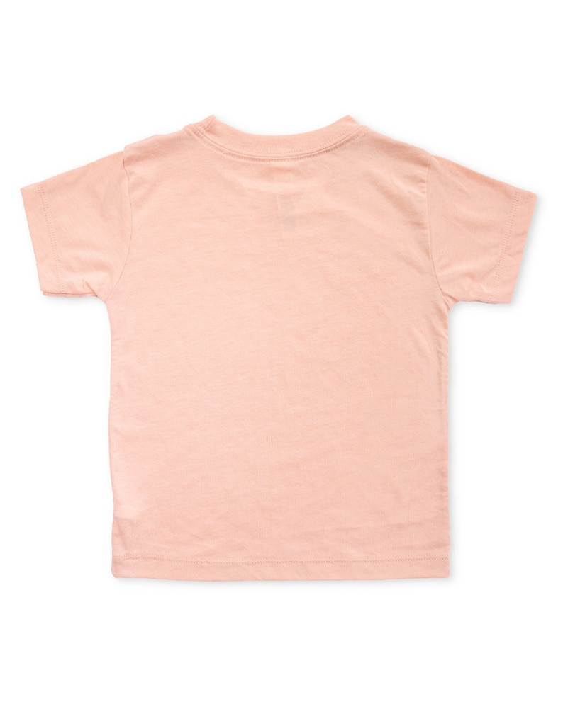 Back view of short sleeve heather peach unisex toddler crew neck tshirt laying flat on white background