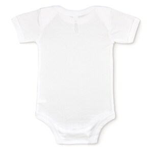 Back view of white short sleeve one piece baby bodysuit laying flat on white background