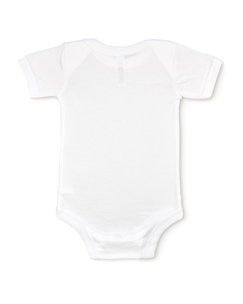 Back view of white short sleeve one piece baby bodysuit laying flat on white background