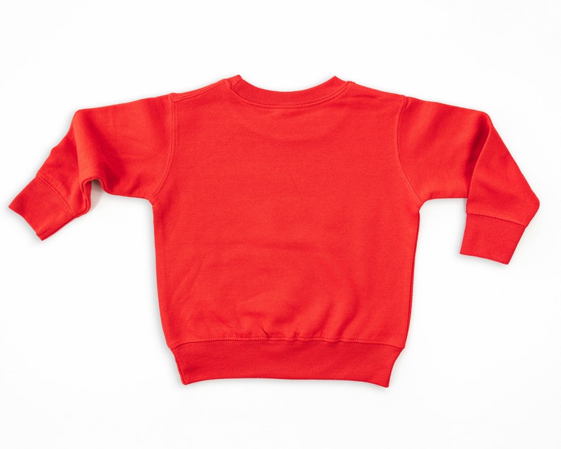 Back view of red long sleeve toddler fleece sweatshirt laying flat on white background
