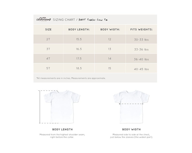 Sizing chart for short sleeve unisex toddler crew neck tee 3001T Bella Canvas