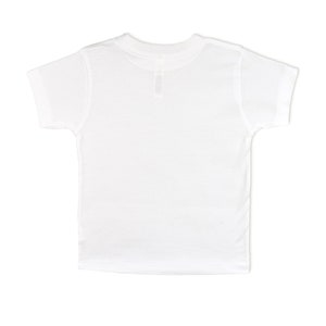 Back view of white short sleeve toddler crew neck tee laying flat on white background