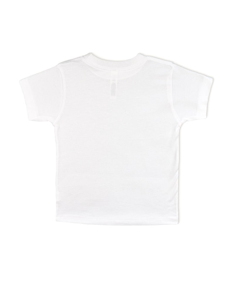 Back view of white short sleeve toddler crew neck tee laying flat on white background
