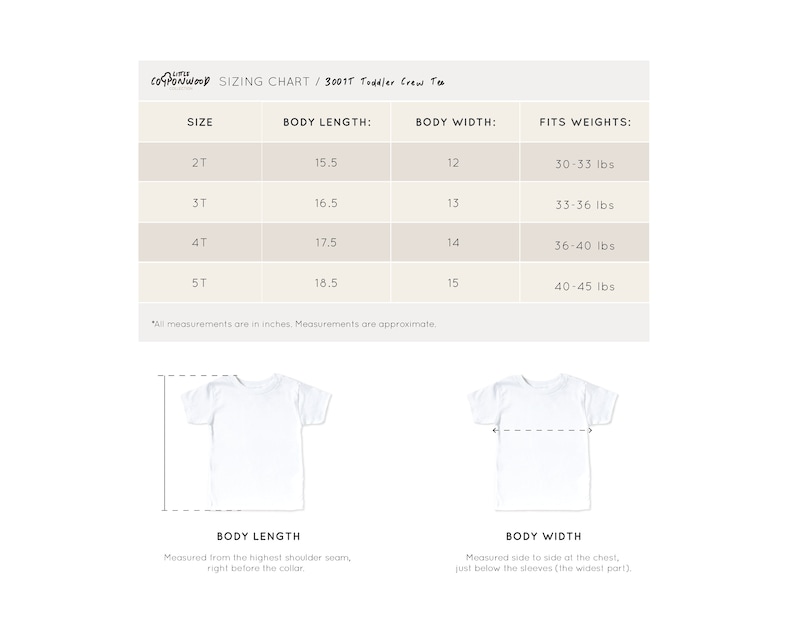 Sizing chart for short sleeve unisex toddler crew neck tee 3001T Bella Canvas