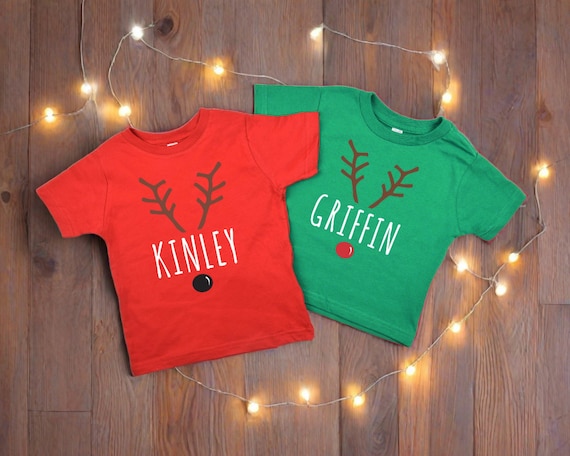 Toddler Christmas Shirt, Reindeer Face Custom Name Kids T-Shirt, Personalized Christmas Gift for Boy or Girl