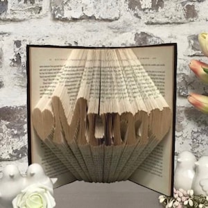 May include: A book with the word "Mom" folded into the pages. The book is open and the pages are fanned out to create a three-dimensional effect. The book is sitting on a table with a white brick wall in the background.