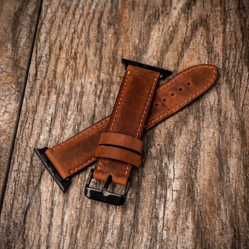 Leather Apple Watch Band, Fathers day gift, Gift for dad, 38mm 40mm 42mm 44mm, handmade watch strap, iWatch band, Free Message Engraving image 2