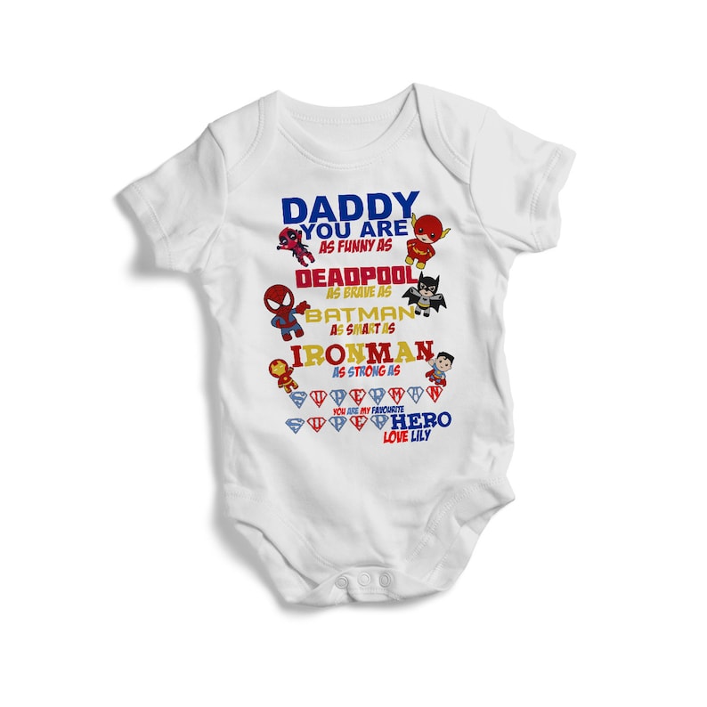 Daddy you are as funny as deadpool brave as batman smart as ironman baby bodysuit baby clothing best gift for baby baby shower gift outfit